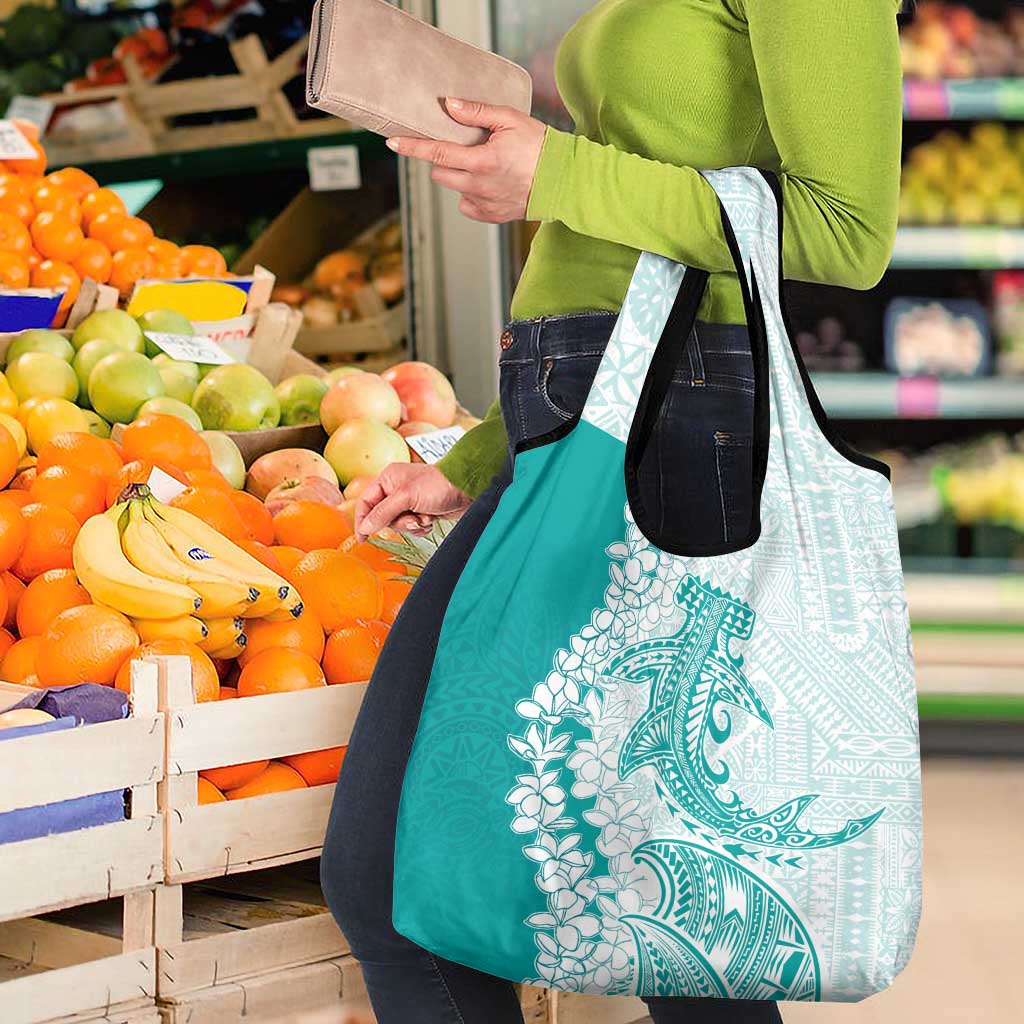 Polynesian Teal Plumeria Lei Grocery Bag with Hammerhead Shark