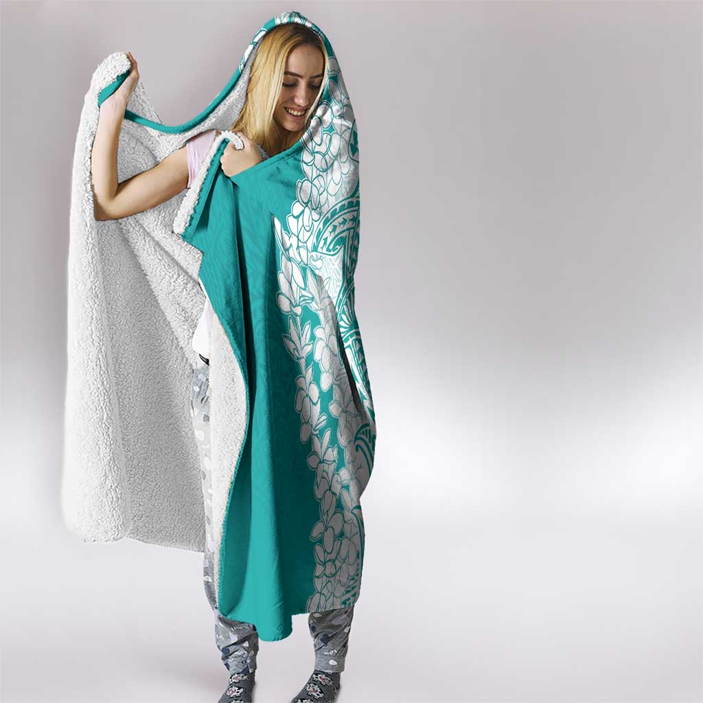 Polynesian Teal Plumeria Lei Hooded Blanket with Hammerhead Shark