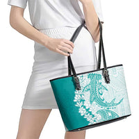 Polynesian Teal Plumeria Lei Leather Tote Bag with Hammerhead Shark