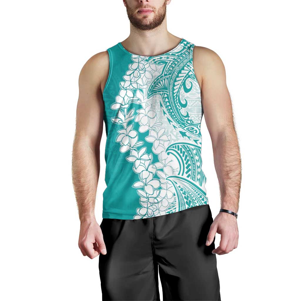 Polynesian Teal Plumeria Lei Men Tank Top with Hammerhead Shark