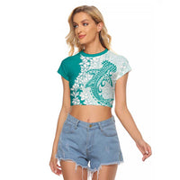 Polynesian Teal Plumeria Lei Raglan Cropped T Shirt with Hammerhead Shark LT7 Female Teal - Polynesian Pride