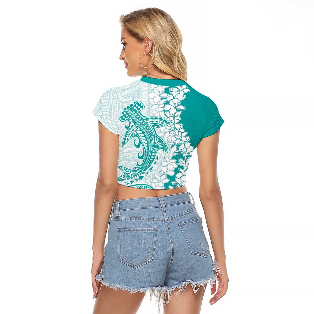 Polynesian Teal Plumeria Lei Raglan Cropped T Shirt with Hammerhead Shark LT7 - Polynesian Pride