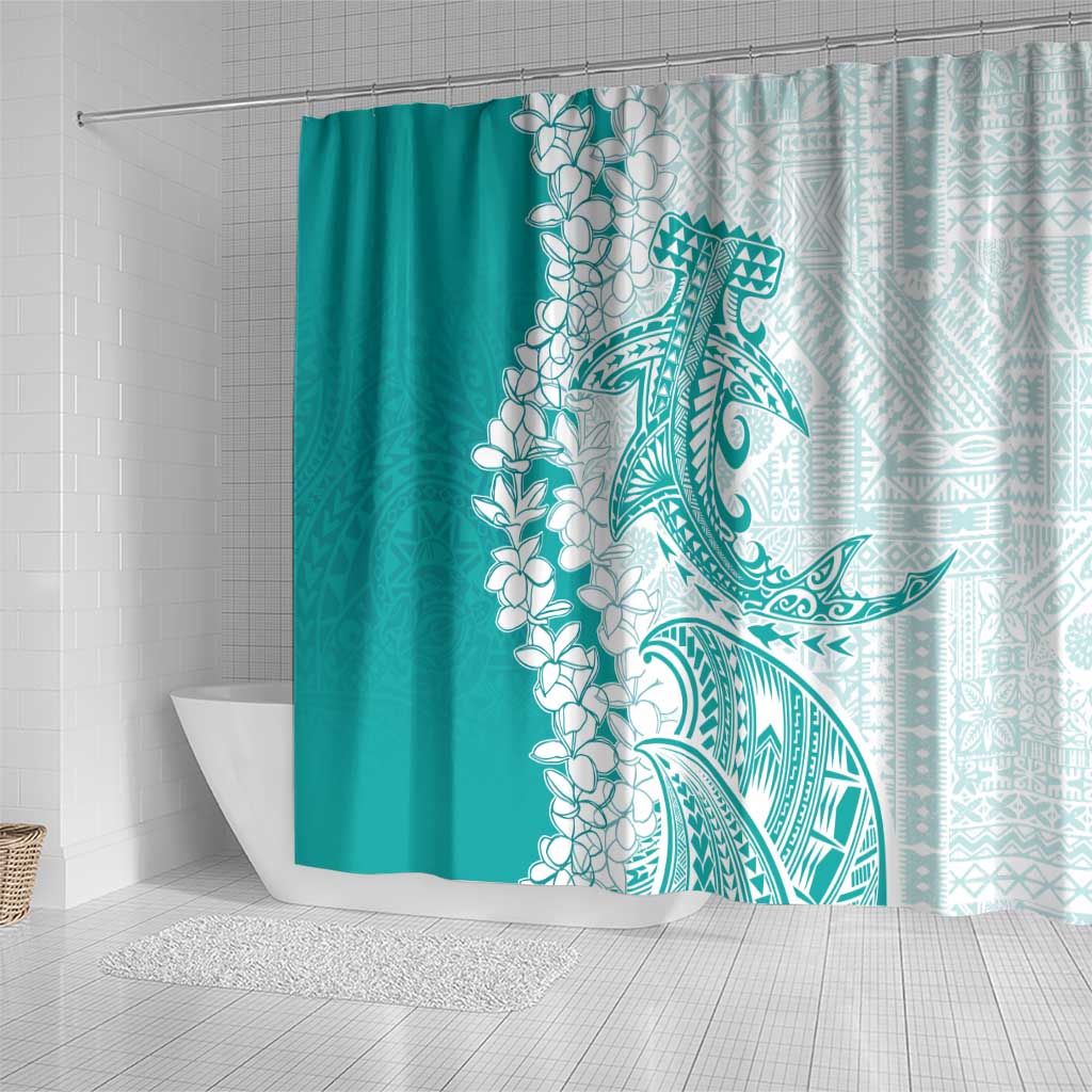 Polynesian Teal Plumeria Lei Shower Curtain with Hammerhead Shark