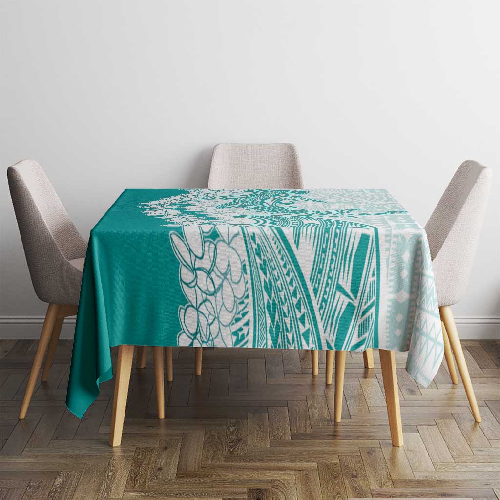 Polynesian Teal Plumeria Lei Tablecloth with Hammerhead Shark