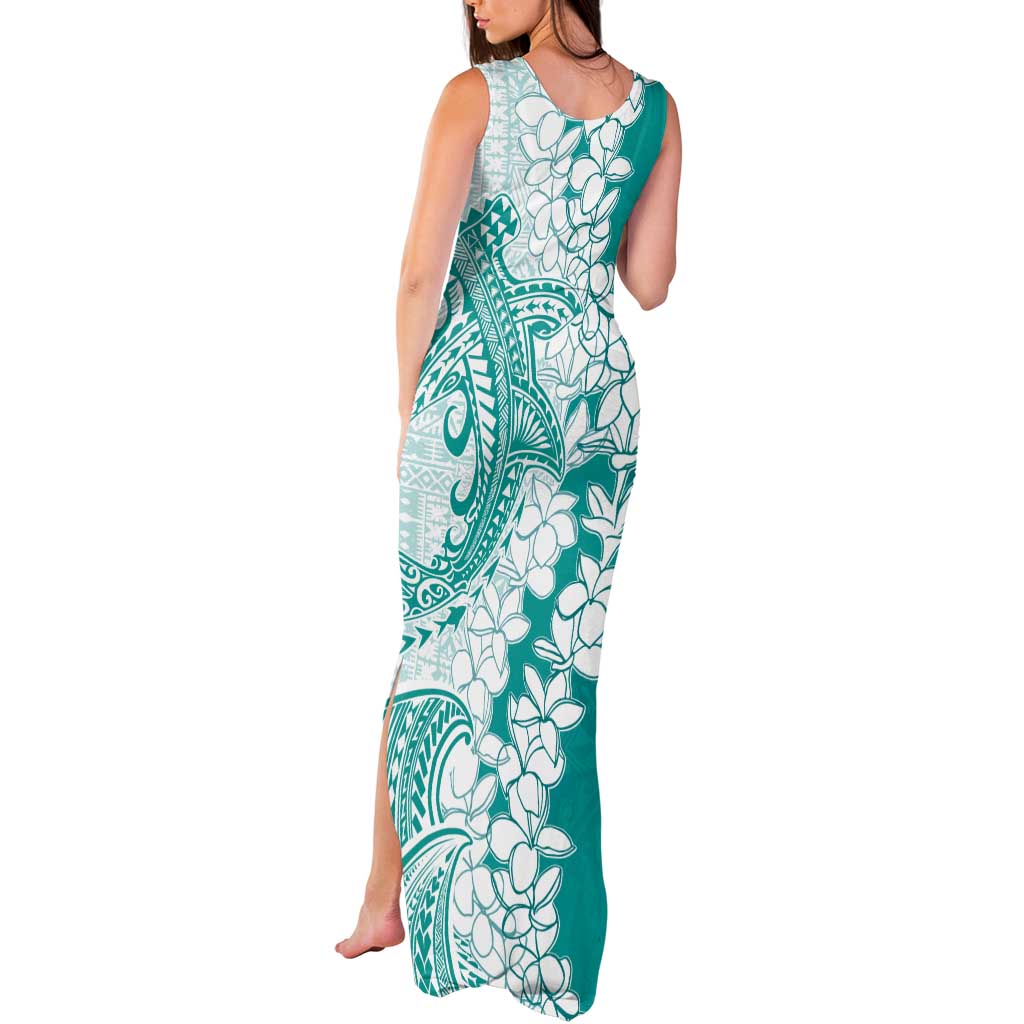 Polynesian Teal Plumeria Lei Tank Maxi Dress with Hammerhead Shark