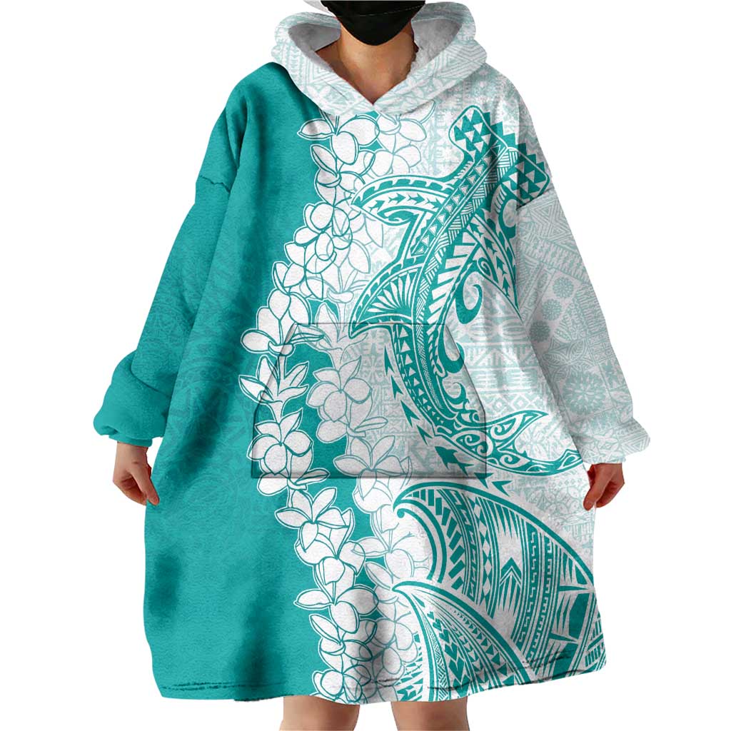 Polynesian Teal Plumeria Lei Wearable Blanket Hoodie with Hammerhead Shark