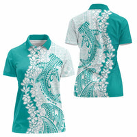 Polynesian Teal Plumeria Lei Women Polo Shirt with Hammerhead Shark
