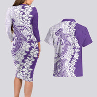 Polynesian Purple Plumeria Lei Couples Matching Long Sleeve Bodycon Dress and Hawaiian Shirt with Hammerhead Shark