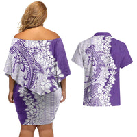 Polynesian Purple Plumeria Lei Couples Matching Off Shoulder Short Dress and Hawaiian Shirt with Hammerhead Shark