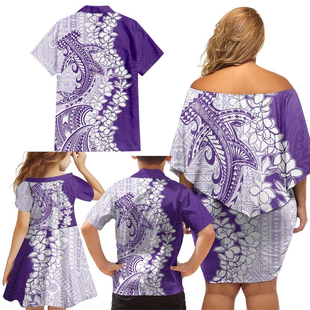 Polynesian Purple Plumeria Lei Family Matching Off Shoulder Short Dress and Hawaiian Shirt with Hammerhead Shark