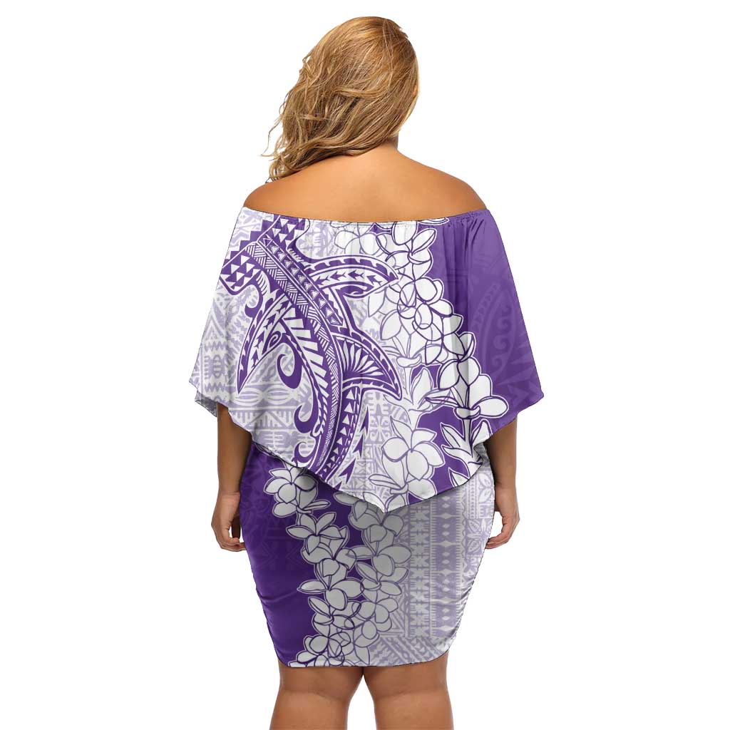 Polynesian Purple Plumeria Lei Family Matching Off Shoulder Short Dress and Hawaiian Shirt with Hammerhead Shark