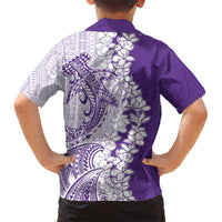 Polynesian Purple Plumeria Lei Family Matching Tank Maxi Dress and Hawaiian Shirt with Hammerhead Shark