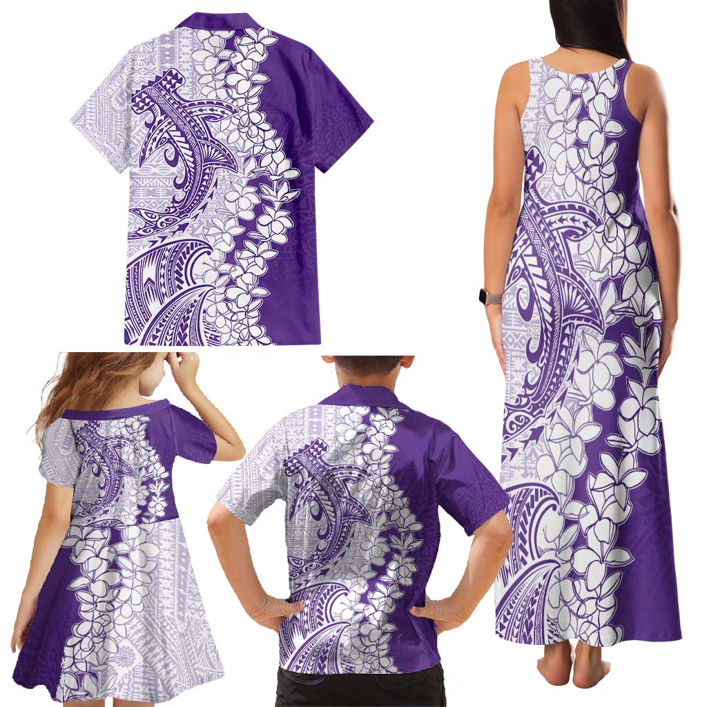 Polynesian Purple Plumeria Lei Family Matching Tank Maxi Dress and Hawaiian Shirt with Hammerhead Shark