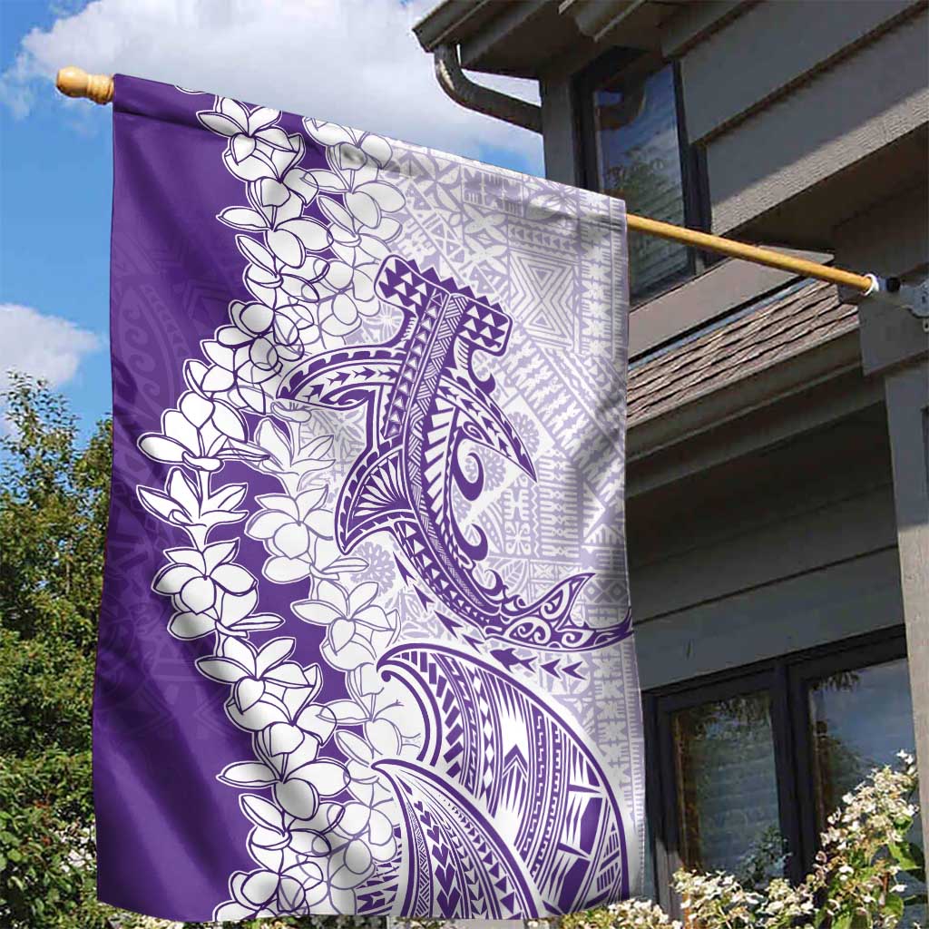 Polynesian Purple Plumeria Lei Garden Flag with Hammerhead Shark