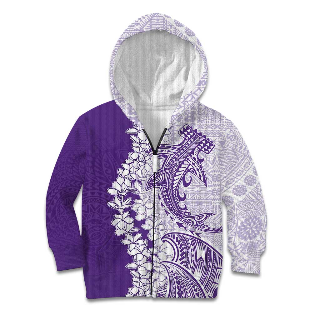 Polynesian Purple Plumeria Lei Kid Hoodie with Hammerhead Shark LT7 Zip Hoodie Purple - Polynesian Pride