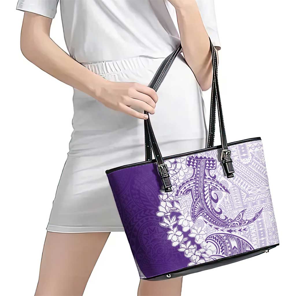 Polynesian Purple Plumeria Lei Leather Tote Bag with Hammerhead Shark