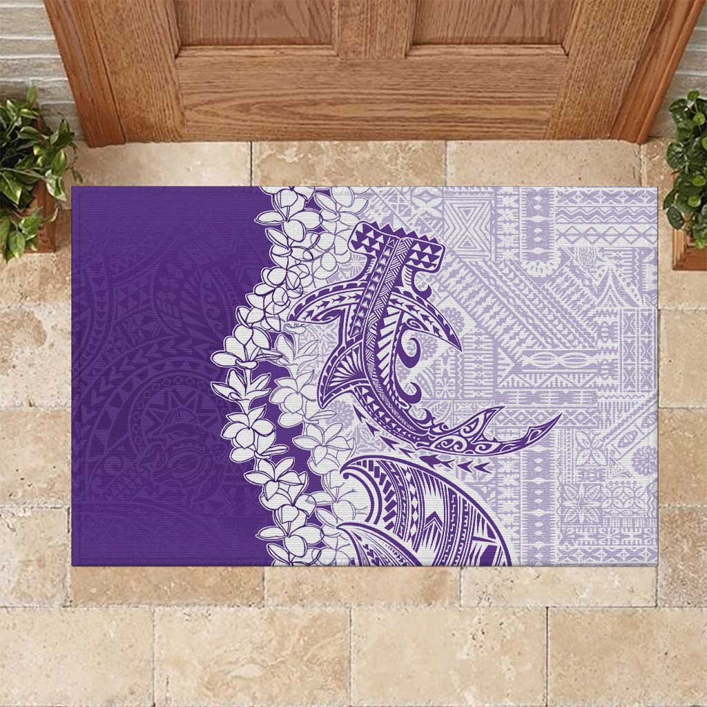 Polynesian Purple Plumeria Lei Rubber Doormat with Hammerhead Shark