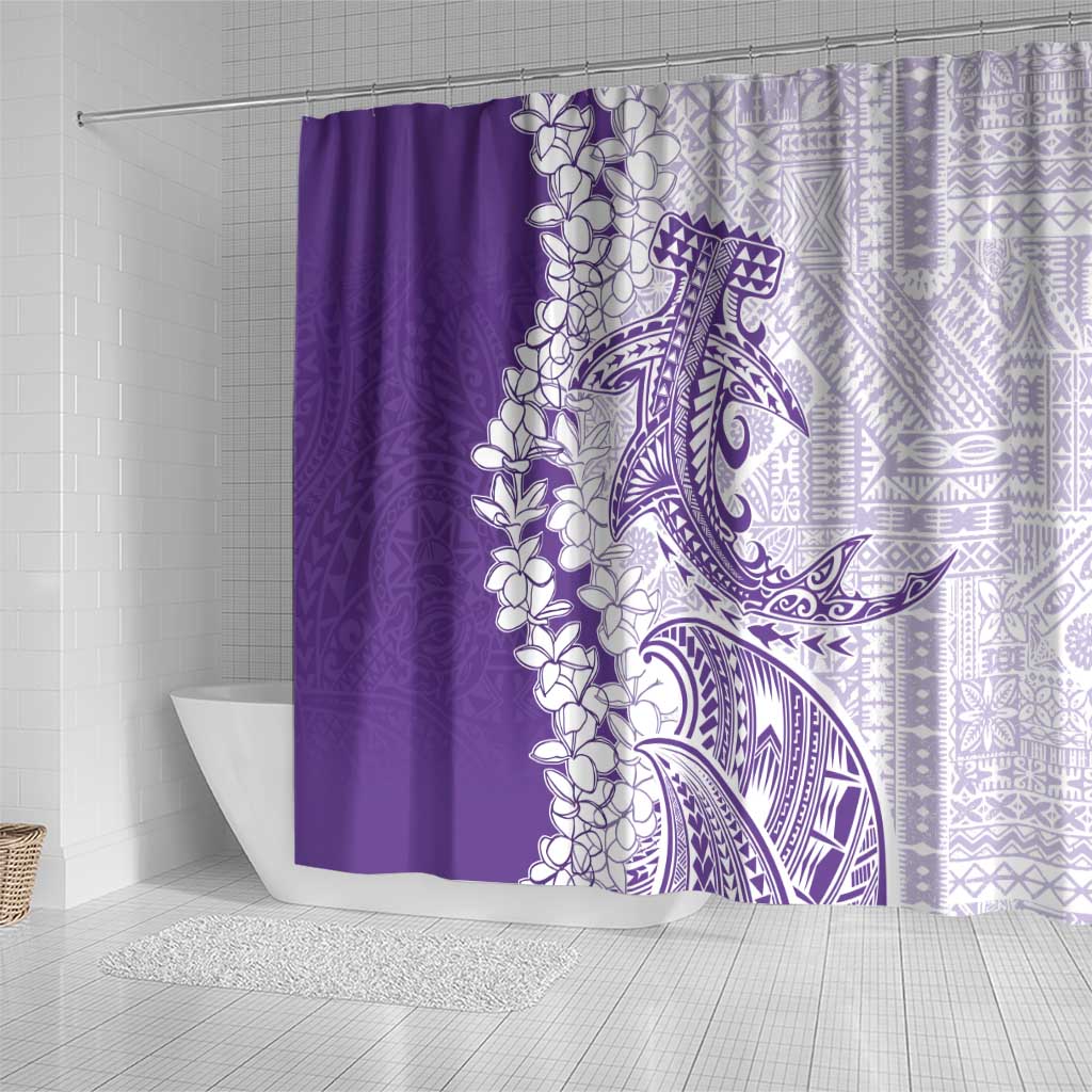 Polynesian Purple Plumeria Lei Shower Curtain with Hammerhead Shark