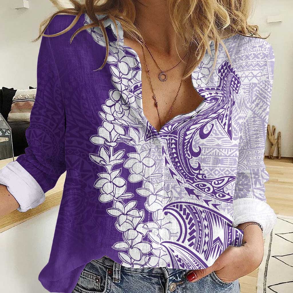 Polynesian Purple Plumeria Lei Women Casual Shirt with Hammerhead Shark