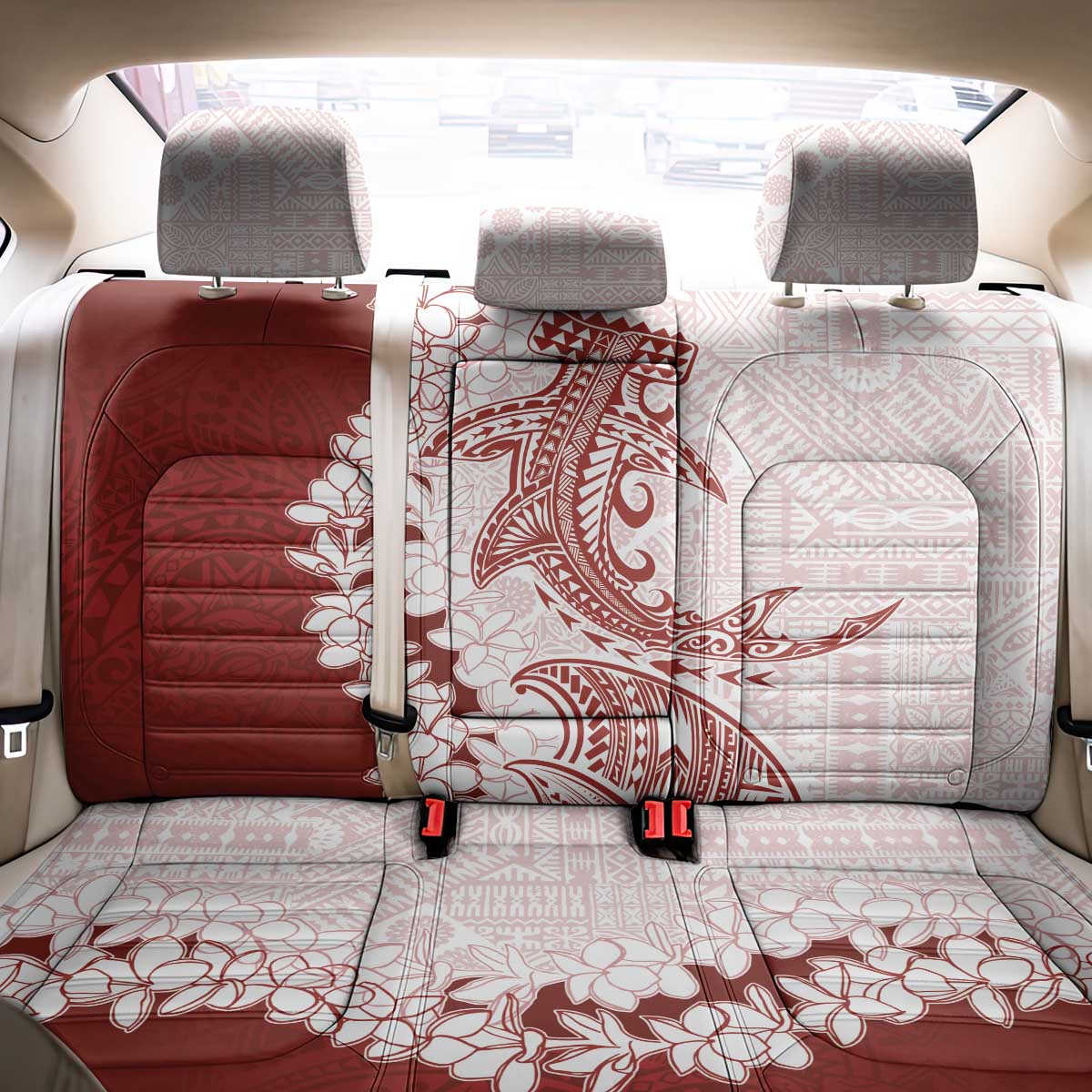 Polynesian Crimson Plumeria Lei Back Car Seat Cover with Hammerhead Shark