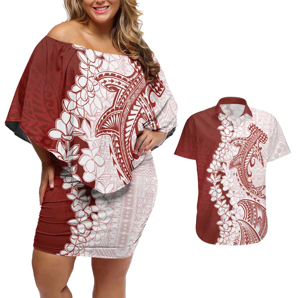 Polynesian Crimson Plumeria Lei Couples Matching Off Shoulder Short Dress and Hawaiian Shirt with Hammerhead Shark