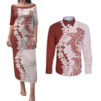Polynesian Crimson Plumeria Lei Couples Matching Puletasi and Long Sleeve Button Shirt with Hammerhead Shark LT7 Red - Polynesian Pride