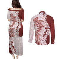 Polynesian Crimson Plumeria Lei Couples Matching Puletasi and Long Sleeve Button Shirt with Hammerhead Shark LT7 - Polynesian Pride