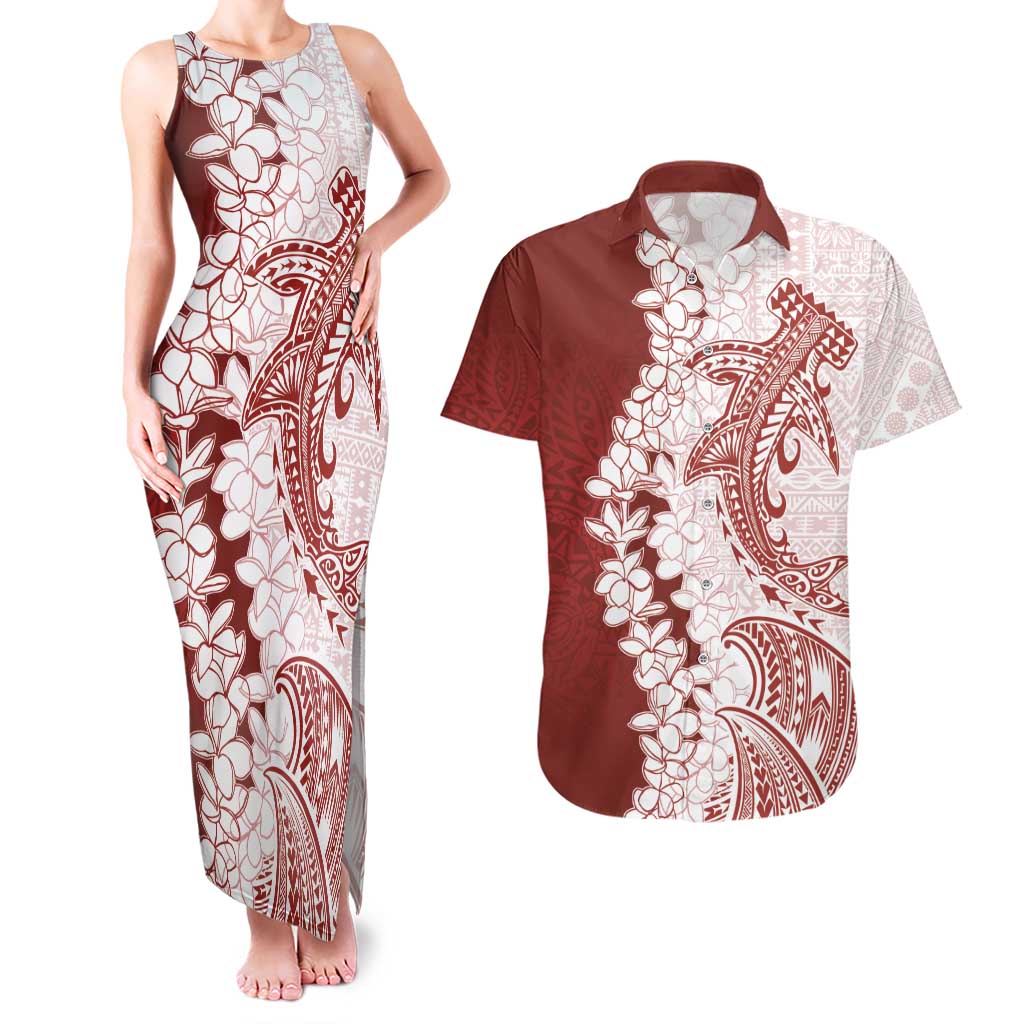 Polynesian Crimson Plumeria Lei Couples Matching Tank Maxi Dress and Hawaiian Shirt with Hammerhead Shark