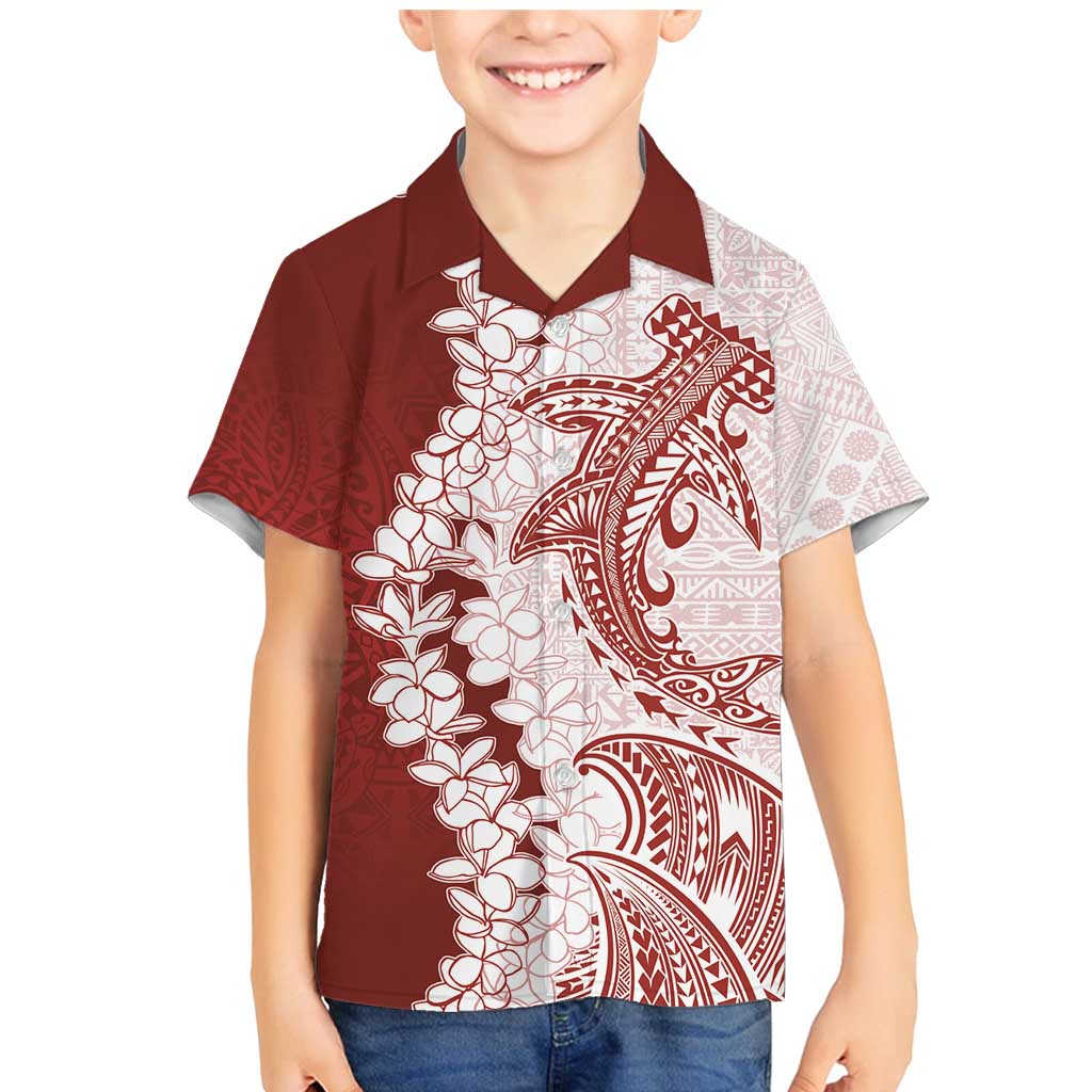Polynesian Crimson Plumeria Lei Family Matching Mermaid Dress and Hawaiian Shirt with Hammerhead Shark