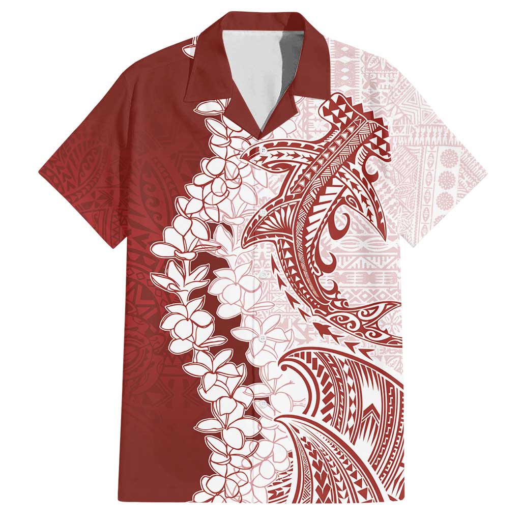 Polynesian Crimson Plumeria Lei Family Matching Off Shoulder Short Dress and Hawaiian Shirt with Hammerhead Shark