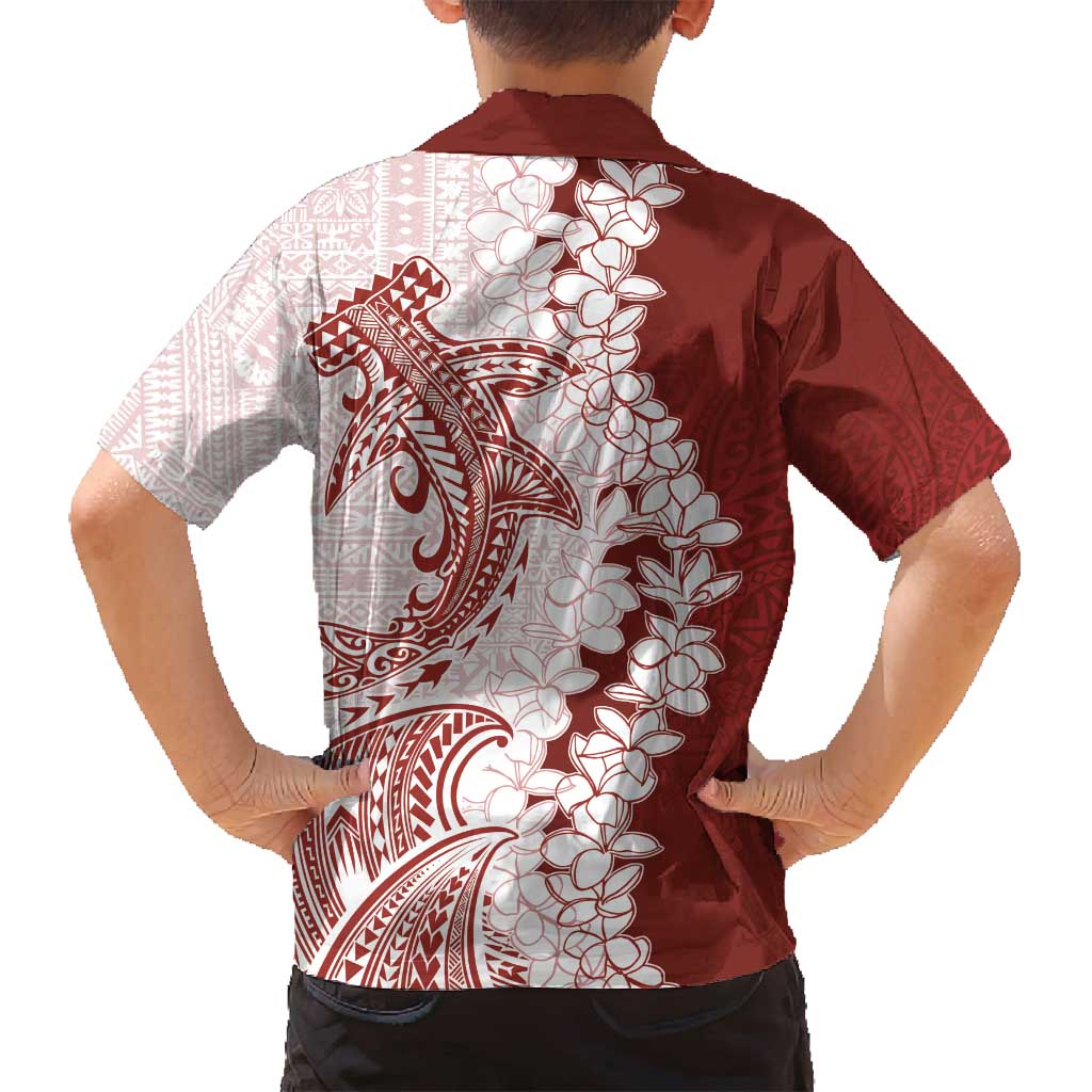 Polynesian Crimson Plumeria Lei Family Matching Puletasi and Hawaiian Shirt with Hammerhead Shark