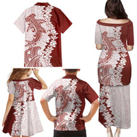 Polynesian Crimson Plumeria Lei Family Matching Puletasi and Hawaiian Shirt with Hammerhead Shark