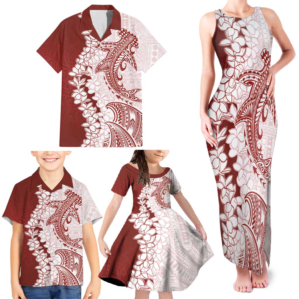 Polynesian Crimson Plumeria Lei Family Matching Tank Maxi Dress and Hawaiian Shirt with Hammerhead Shark