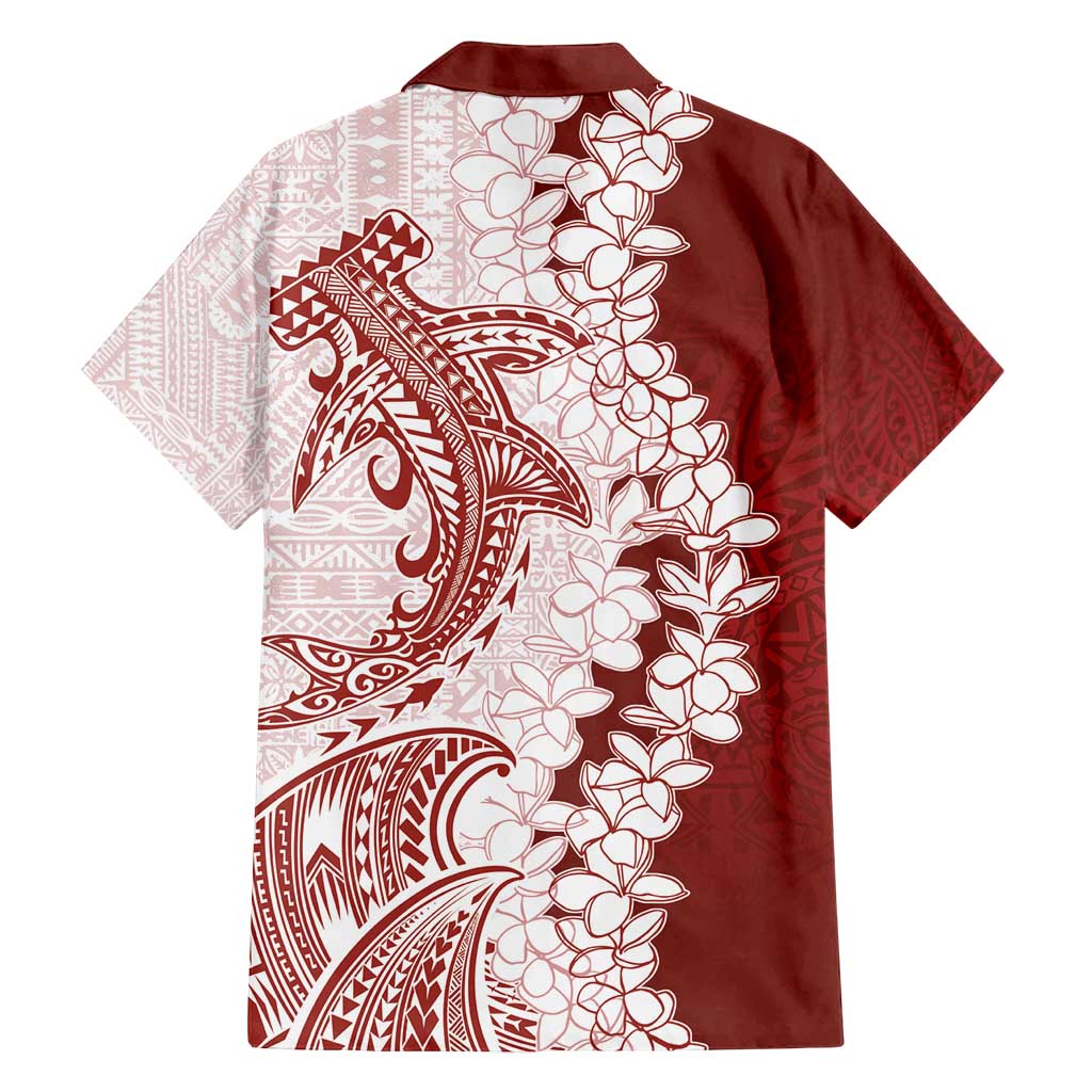 Polynesian Crimson Plumeria Lei Family Matching Tank Maxi Dress and Hawaiian Shirt with Hammerhead Shark