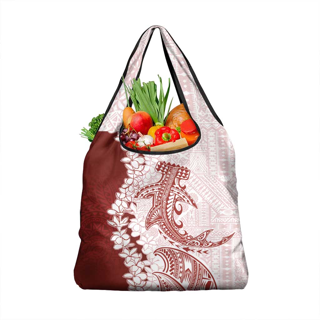 Polynesian Crimson Plumeria Lei Grocery Bag with Hammerhead Shark