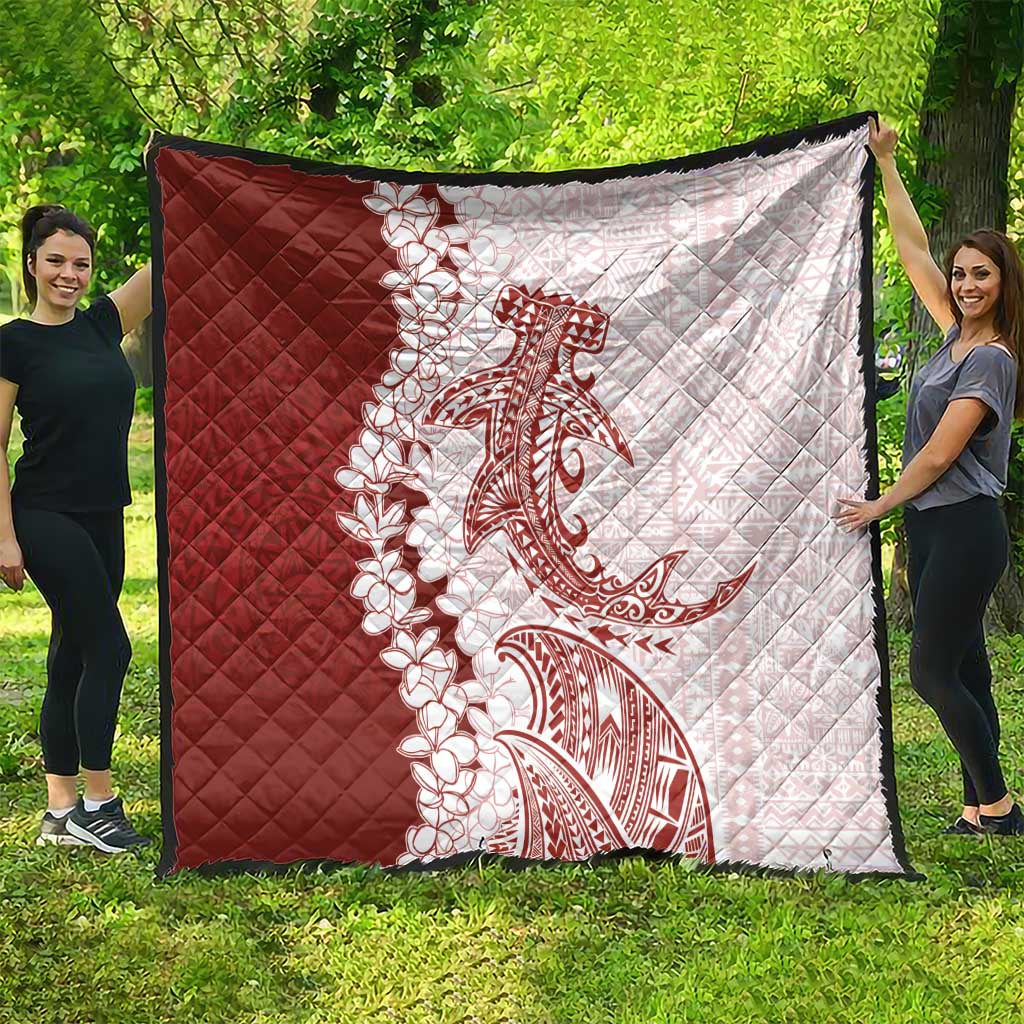 Polynesian Crimson Plumeria Lei Quilt with Hammerhead Shark