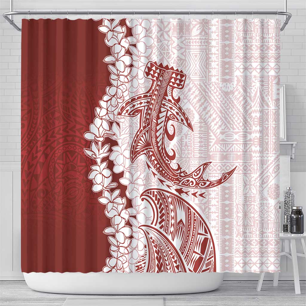 Polynesian Crimson Plumeria Lei Shower Curtain with Hammerhead Shark
