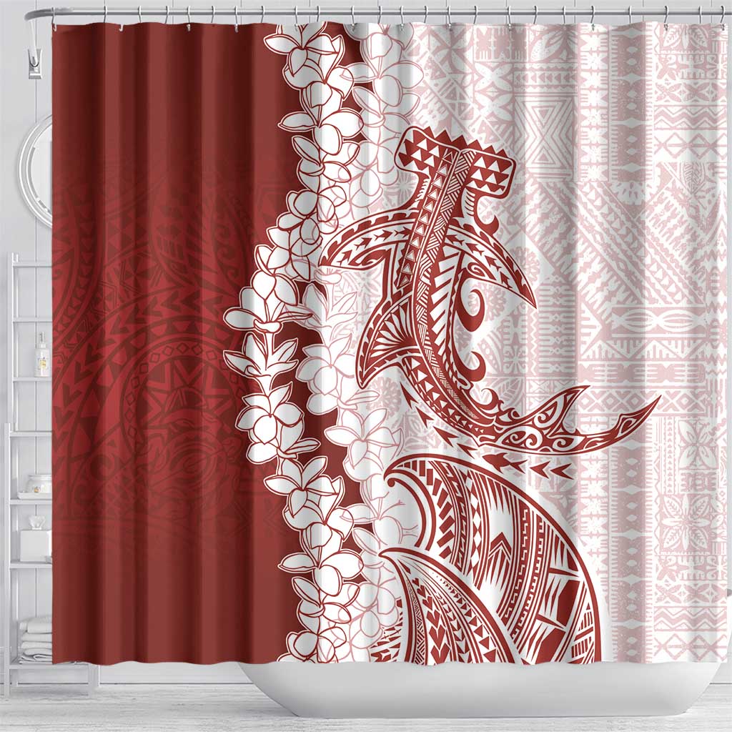 Polynesian Crimson Plumeria Lei Shower Curtain with Hammerhead Shark