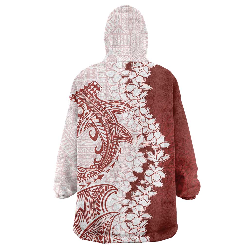 Polynesian Crimson Plumeria Lei Wearable Blanket Hoodie with Hammerhead Shark