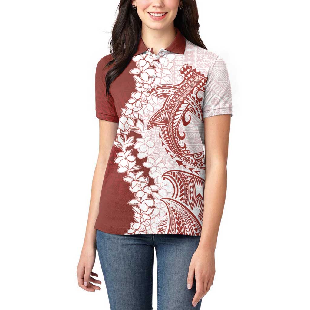 Polynesian Crimson Plumeria Lei Women Polo Shirt with Hammerhead Shark