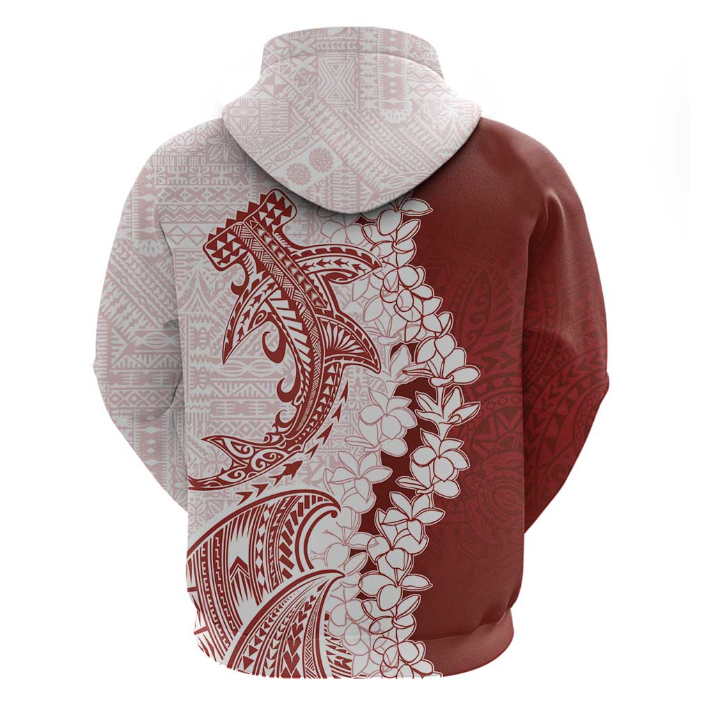 Polynesian Crimson Plumeria Lei Zip Hoodie with Hammerhead Shark