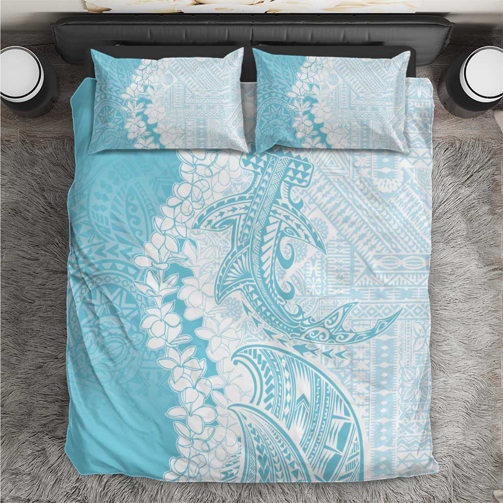 Polynesian Turquoise Plumeria Lei Bedding Set with Hammerhead Shark
