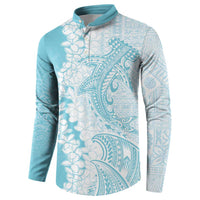 Polynesian Turquoise Plumeria Lei Button Sweatshirt with Hammerhead Shark