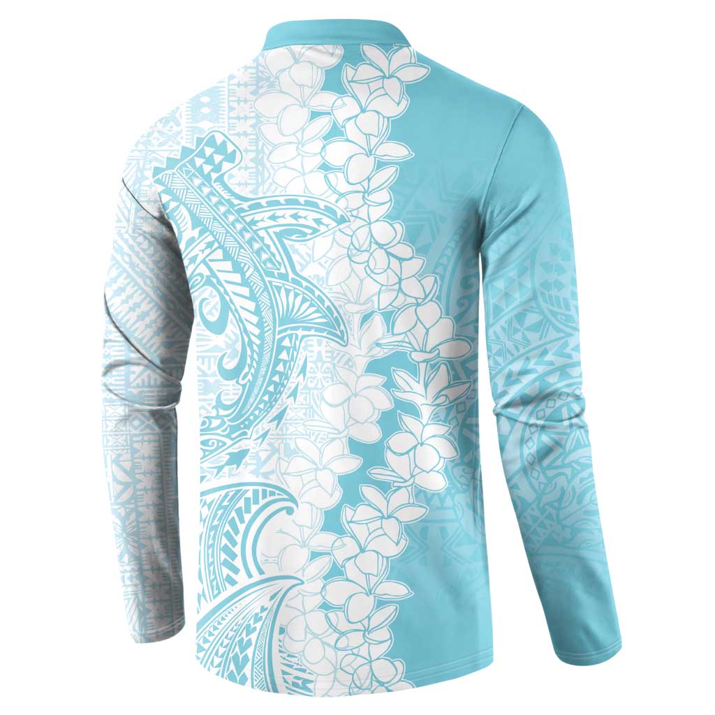 Polynesian Turquoise Plumeria Lei Button Sweatshirt with Hammerhead Shark