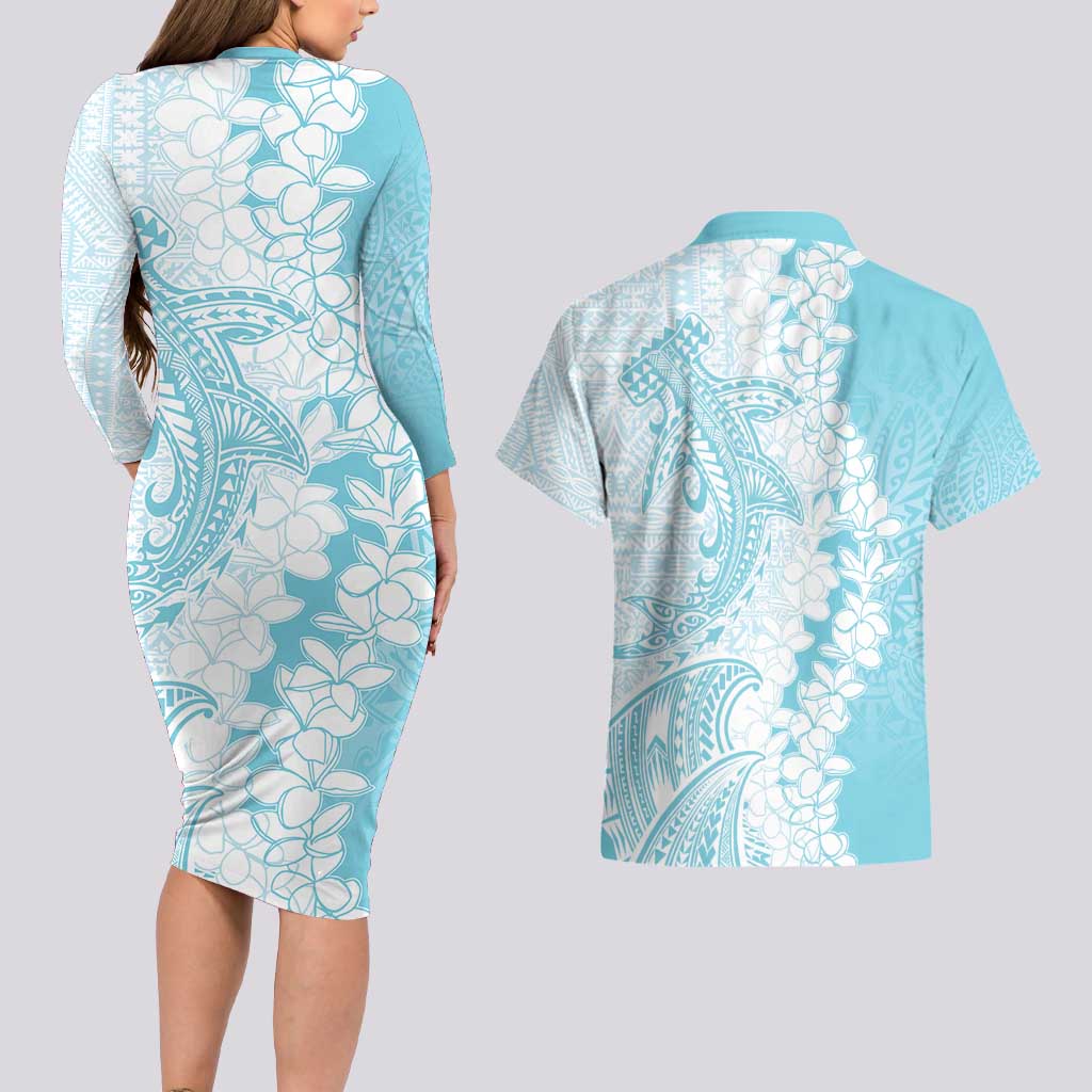 Polynesian Turquoise Plumeria Lei Couples Matching Long Sleeve Bodycon Dress and Hawaiian Shirt with Hammerhead Shark