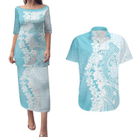 Polynesian Turquoise Plumeria Lei Couples Matching Puletasi and Hawaiian Shirt with Hammerhead Shark