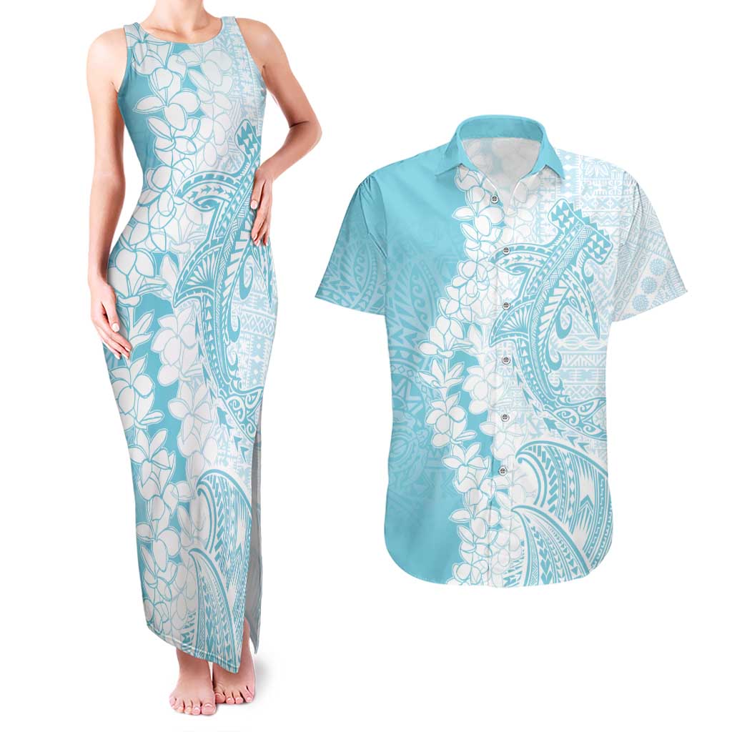 Polynesian Turquoise Plumeria Lei Couples Matching Tank Maxi Dress and Hawaiian Shirt with Hammerhead Shark