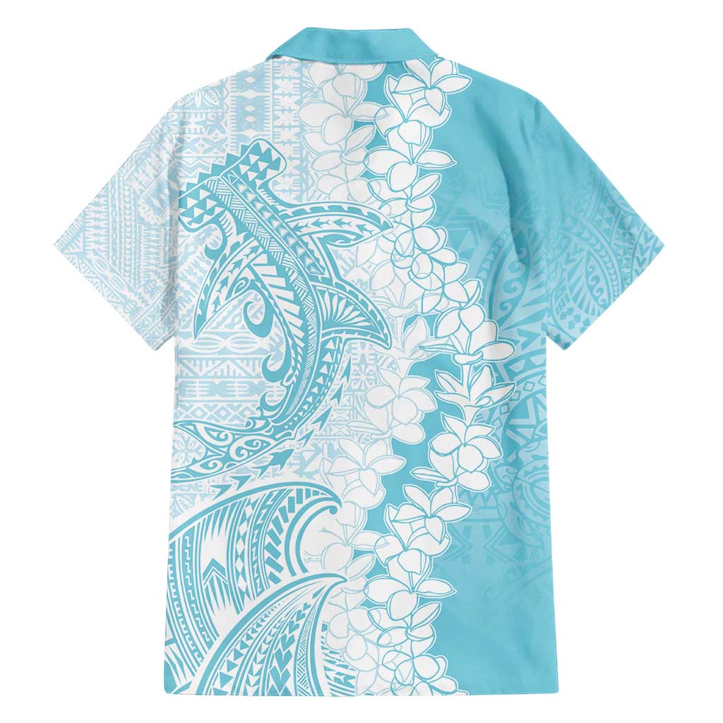 Polynesian Turquoise Plumeria Lei Family Matching Long Sleeve Bodycon Dress and Hawaiian Shirt with Hammerhead Shark
