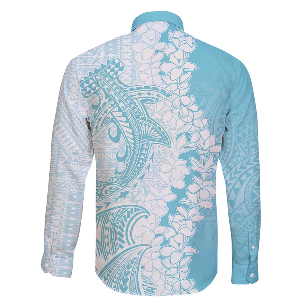 Polynesian Turquoise Plumeria Lei Family Matching Long Sleeve Bodycon Dress and Hawaiian Shirt with Hammerhead Shark