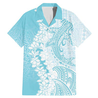 Polynesian Turquoise Plumeria Lei Family Matching Mermaid Dress and Hawaiian Shirt with Hammerhead Shark